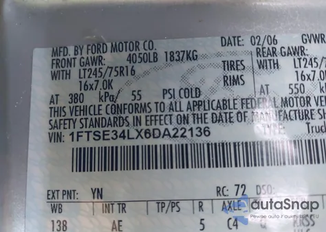 2006 Ford E-350 Super Duty Commercial/Recreational из США, поврежденный, VIN 1FTSE34LX6DA22136